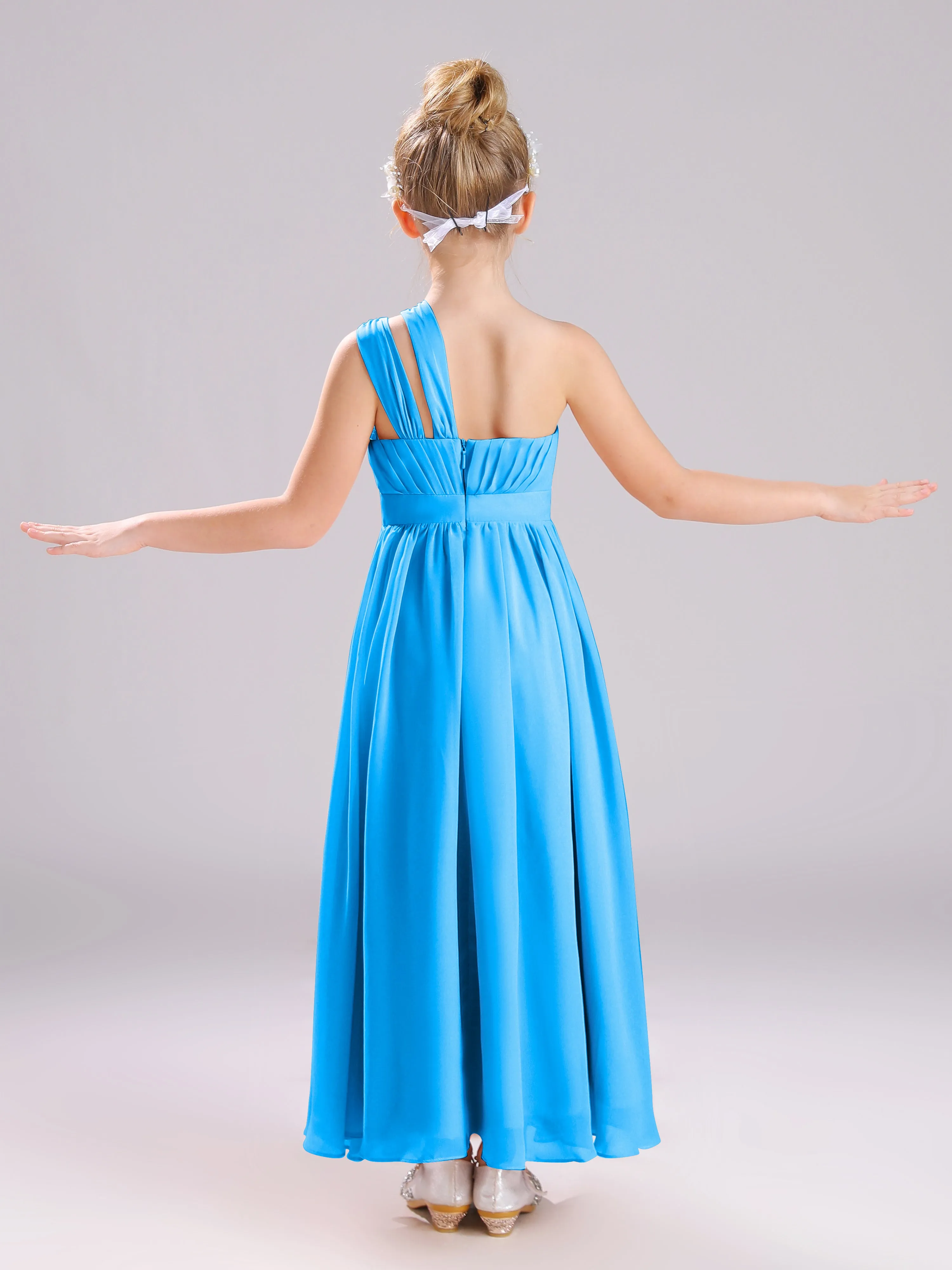 One Shoulder Pleats Long Chiffon Junior Bridesmaid Dresses