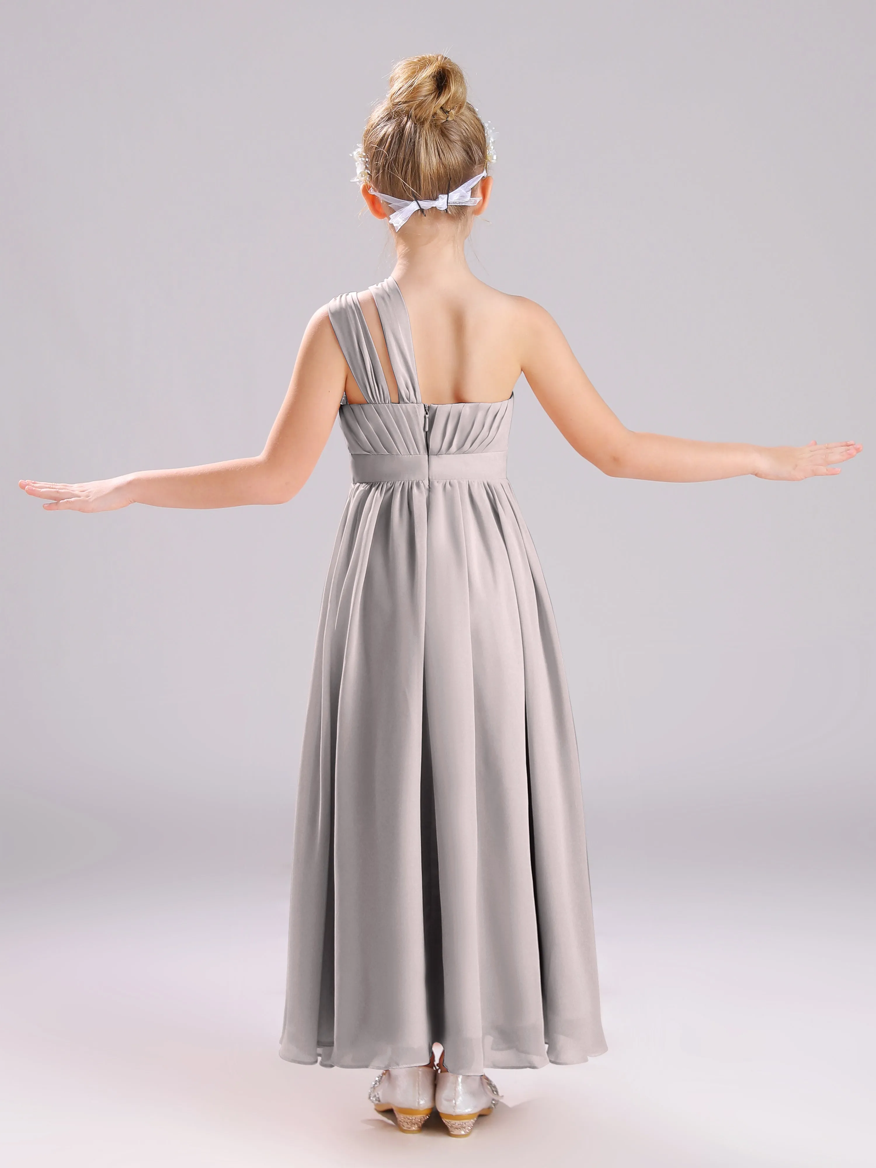 One Shoulder Pleats Long Chiffon Junior Bridesmaid Dresses