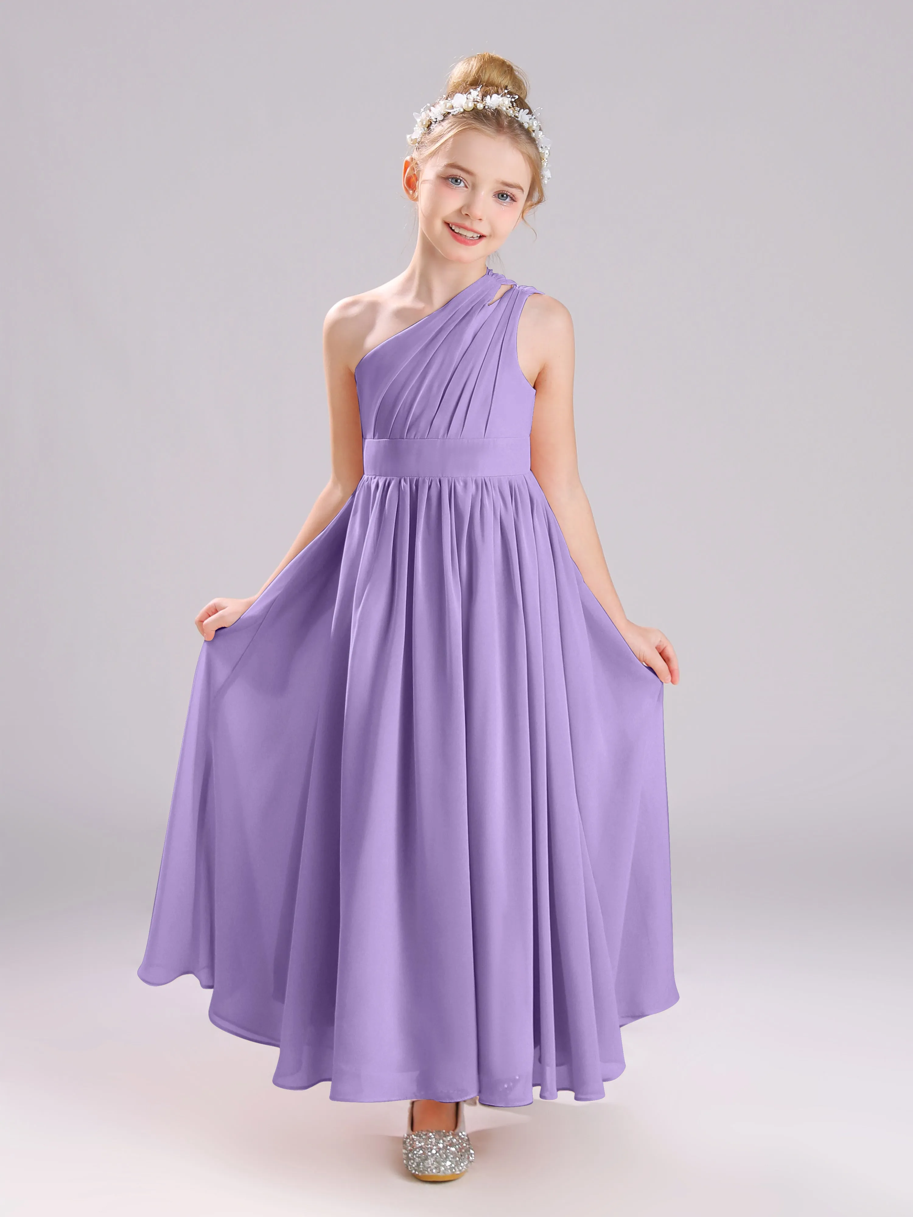 One Shoulder Pleats Long Chiffon Junior Bridesmaid Dresses