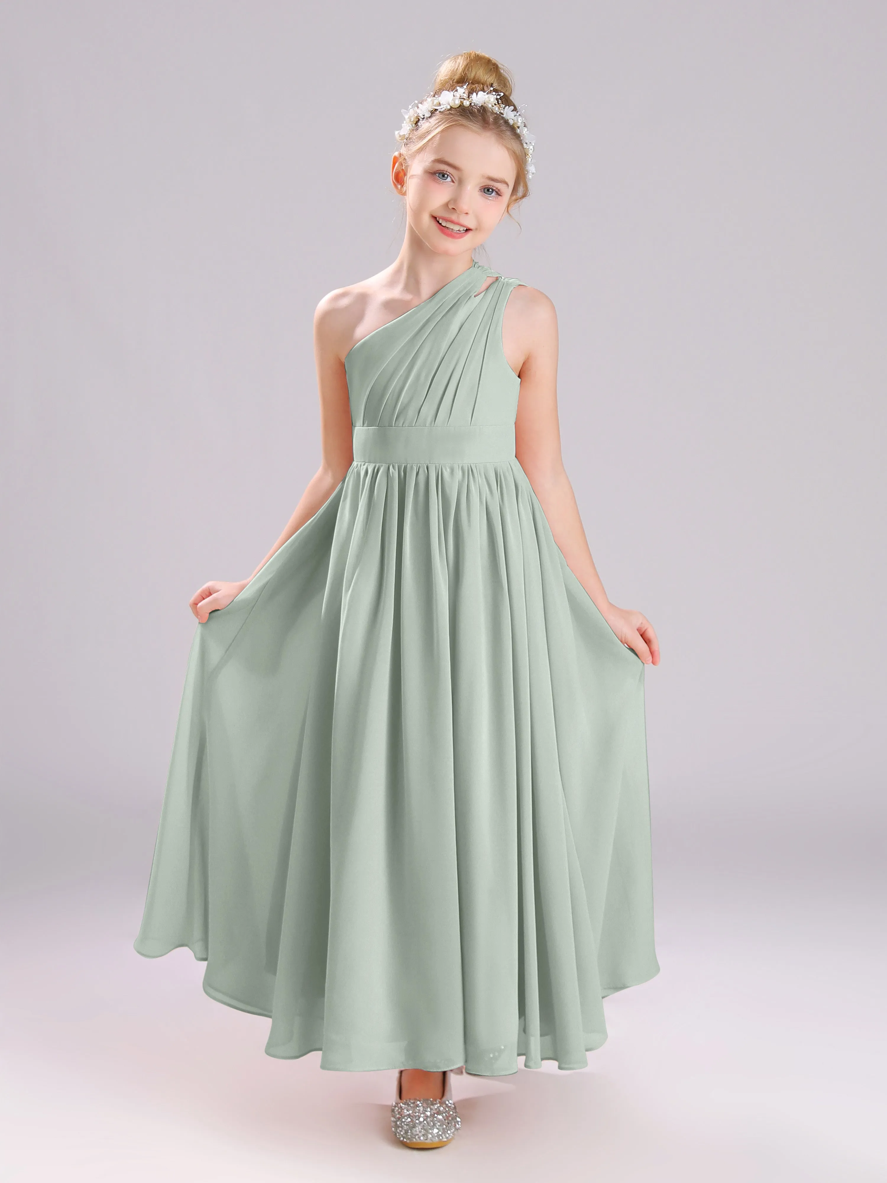 One Shoulder Pleats Long Chiffon Junior Bridesmaid Dresses