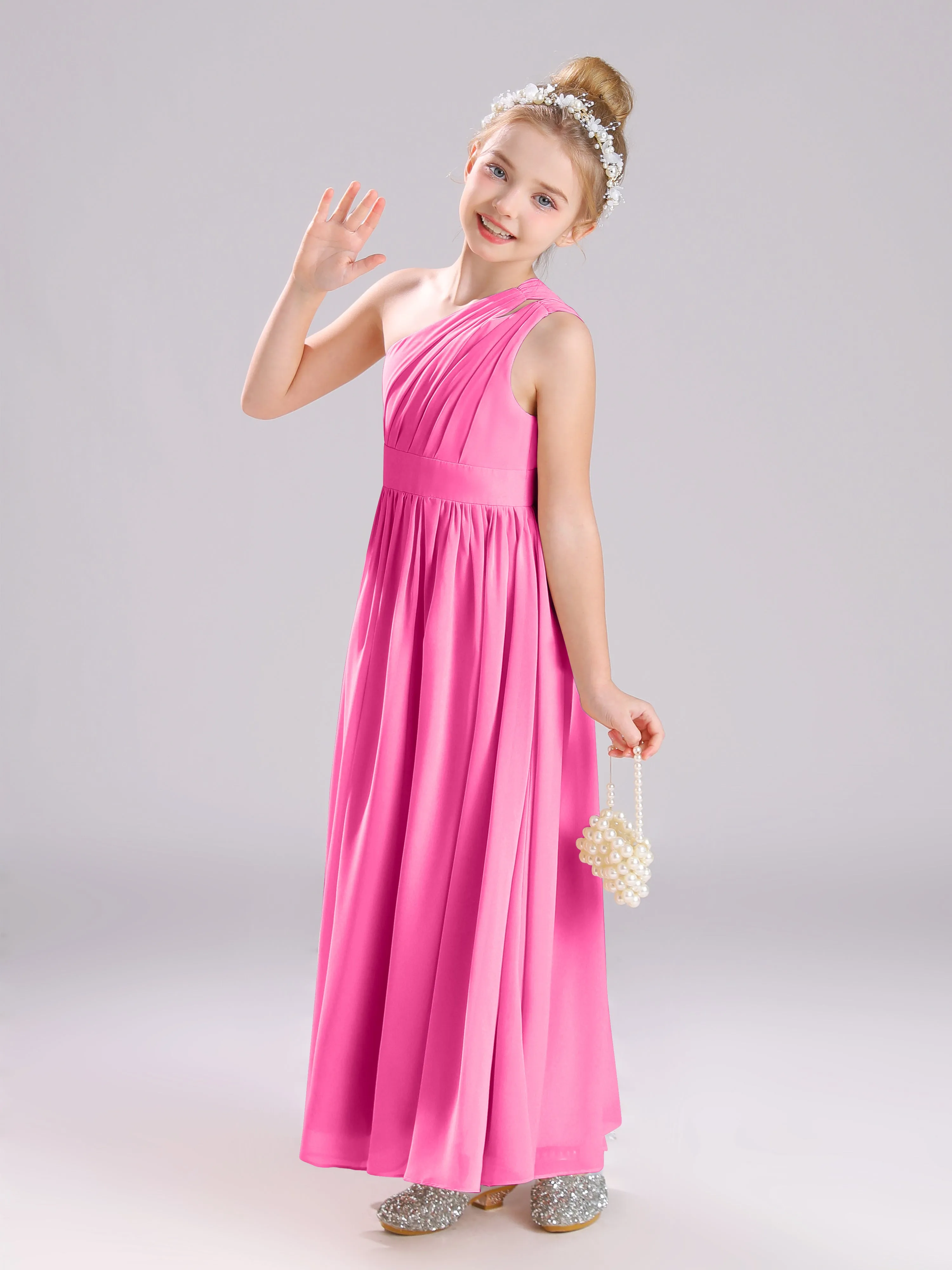 One Shoulder Pleats Long Chiffon Junior Bridesmaid Dresses