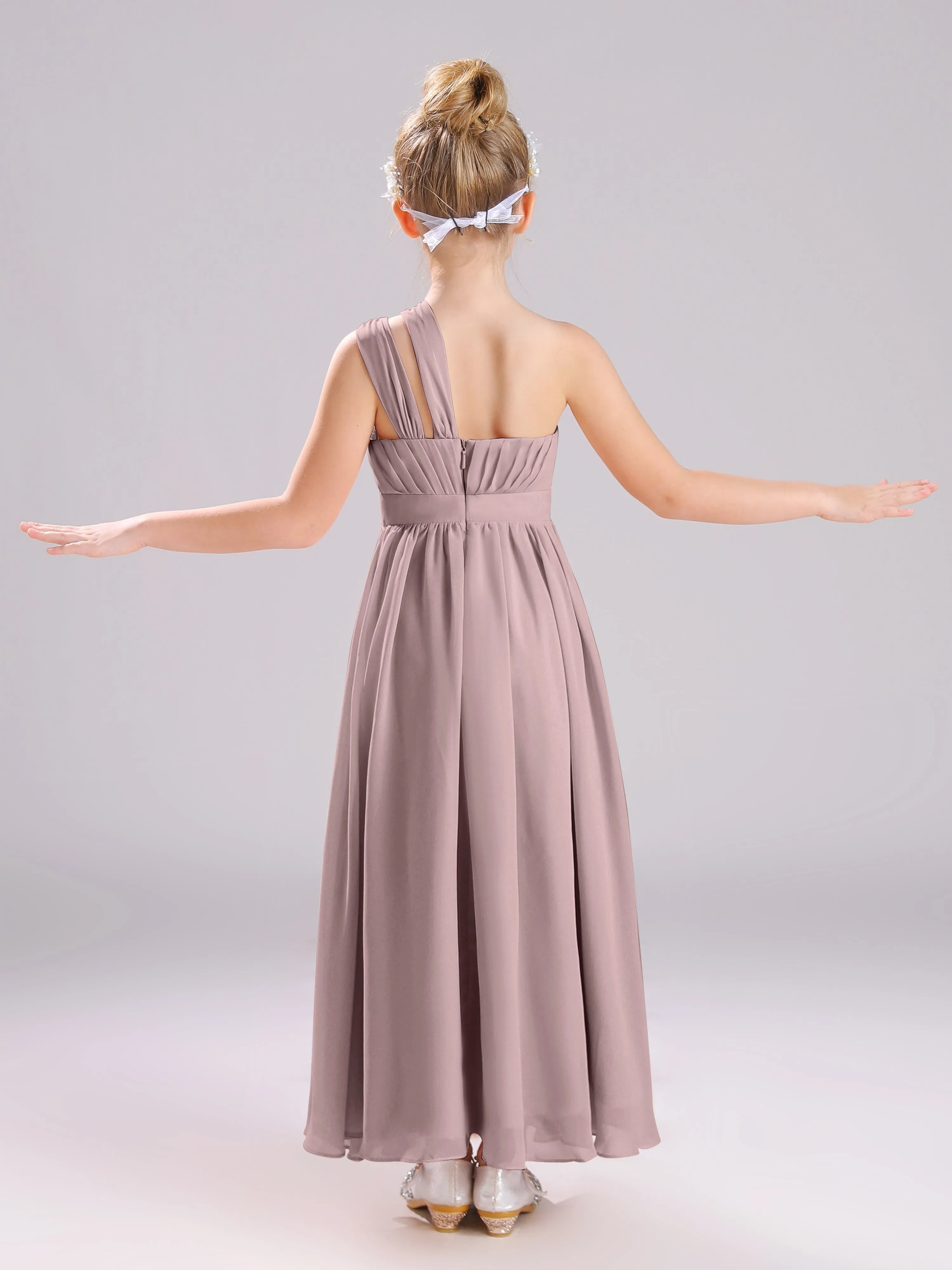 One Shoulder Pleats Long Chiffon Junior Bridesmaid Dresses