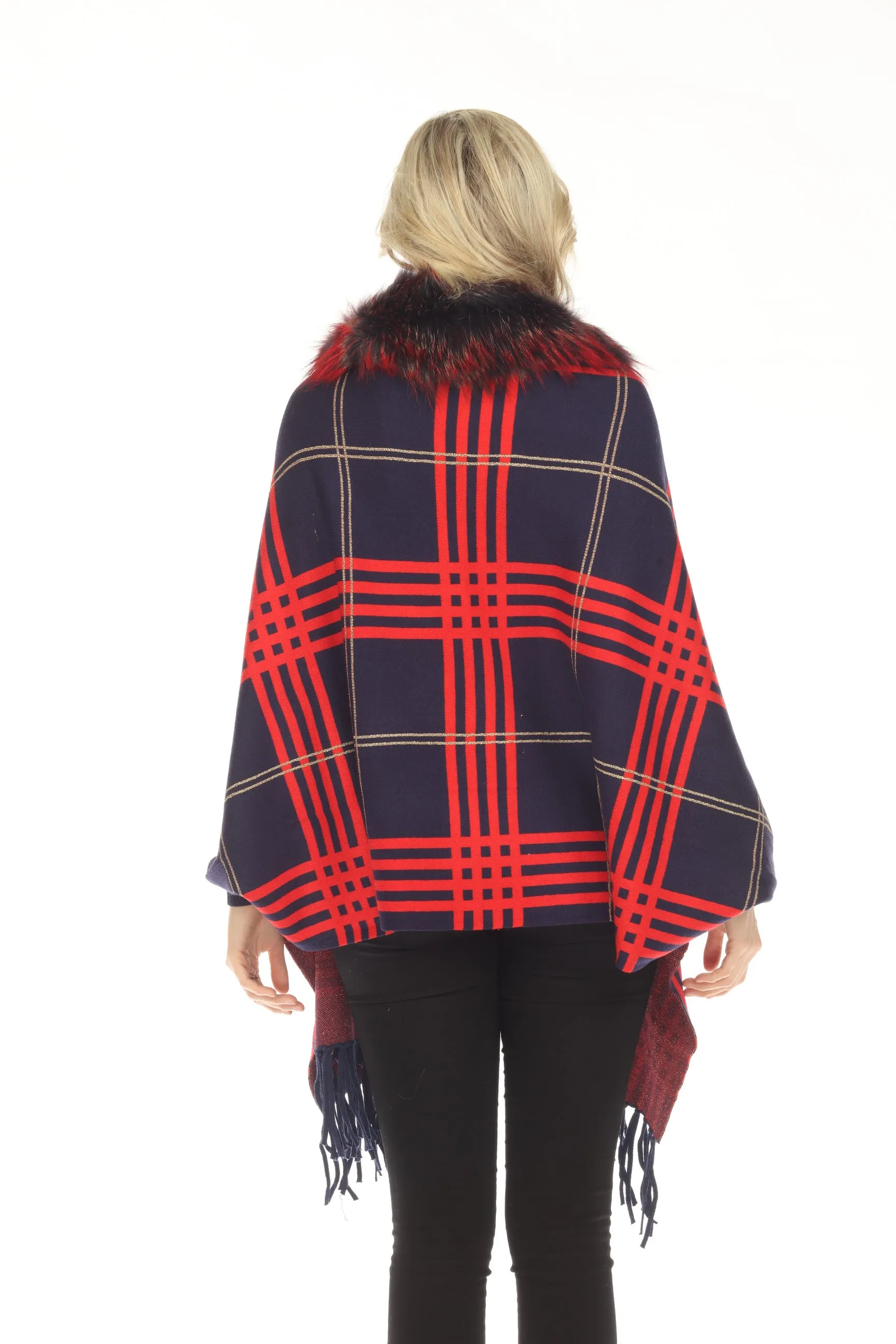 OO LA LA Navy Plaid Pattern Real Fur Collar Fringe Cape M1540