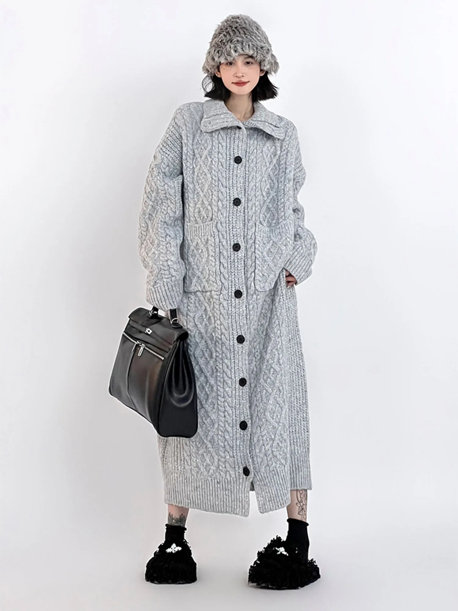 Oversized Gray Lazy-Style Long Knit Cardigan Coat for Women: Casual and Cozy Winter Wear