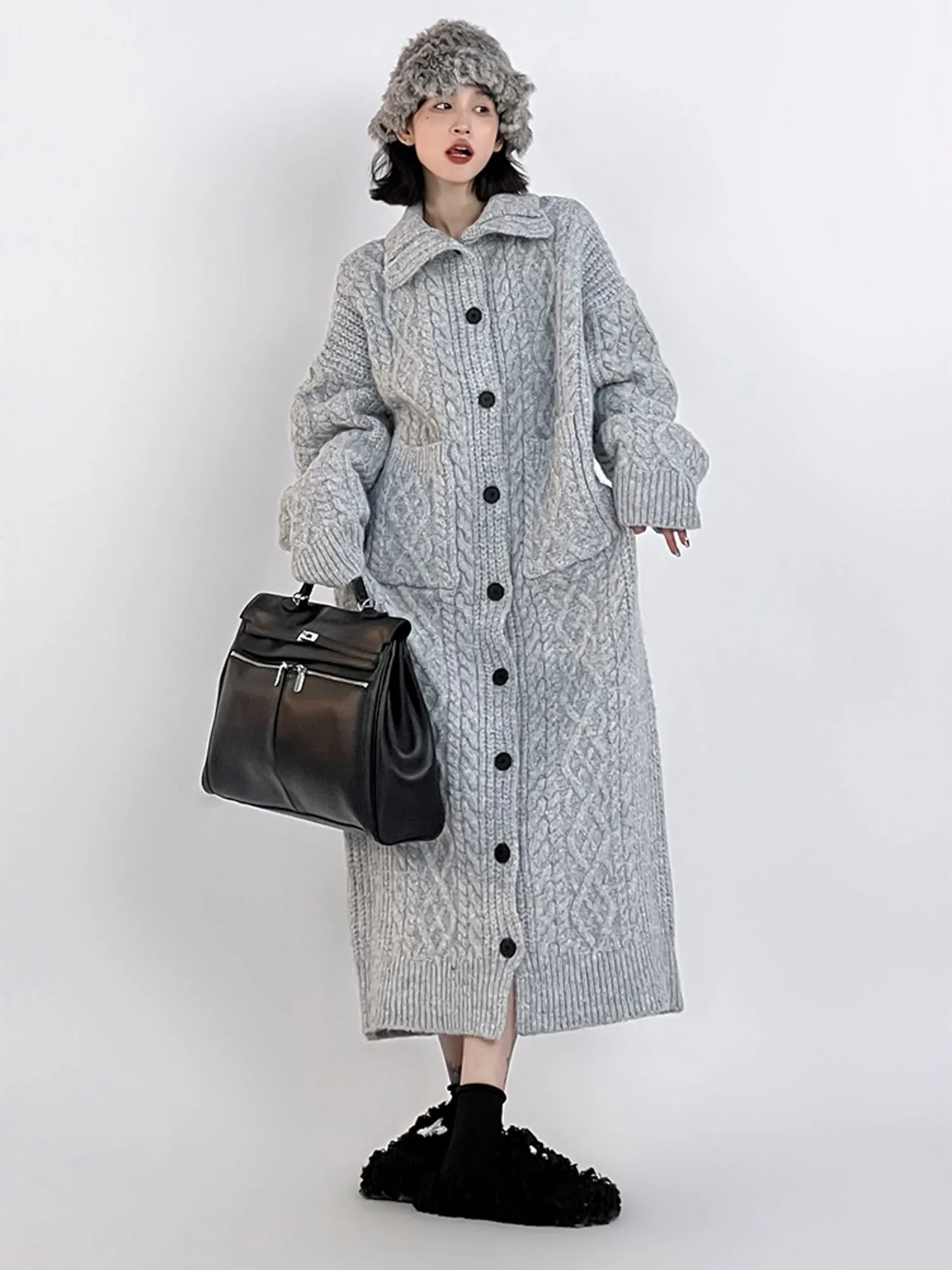 Oversized Gray Lazy-Style Long Knit Cardigan Coat for Women: Casual and Cozy Winter Wear