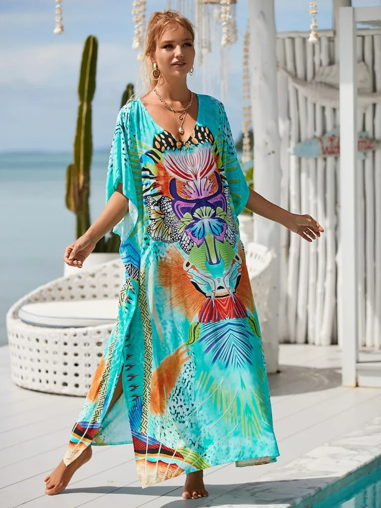 Patterned V Neck Summer Kaftan Dresses