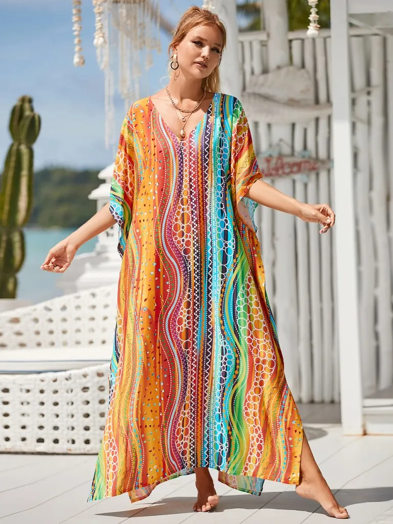 Patterned V Neck Summer Kaftan Dresses