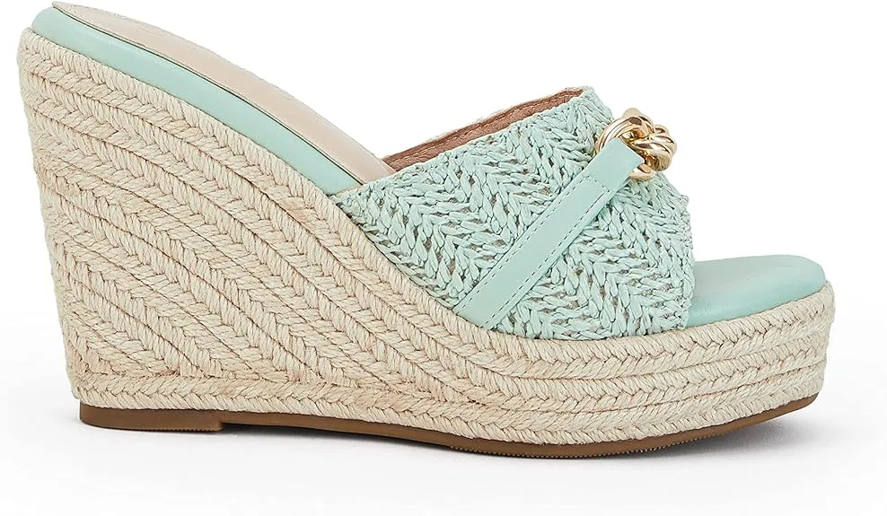 Platform Chain Mint Blue Open Toe Espadrille Wedge Sandals