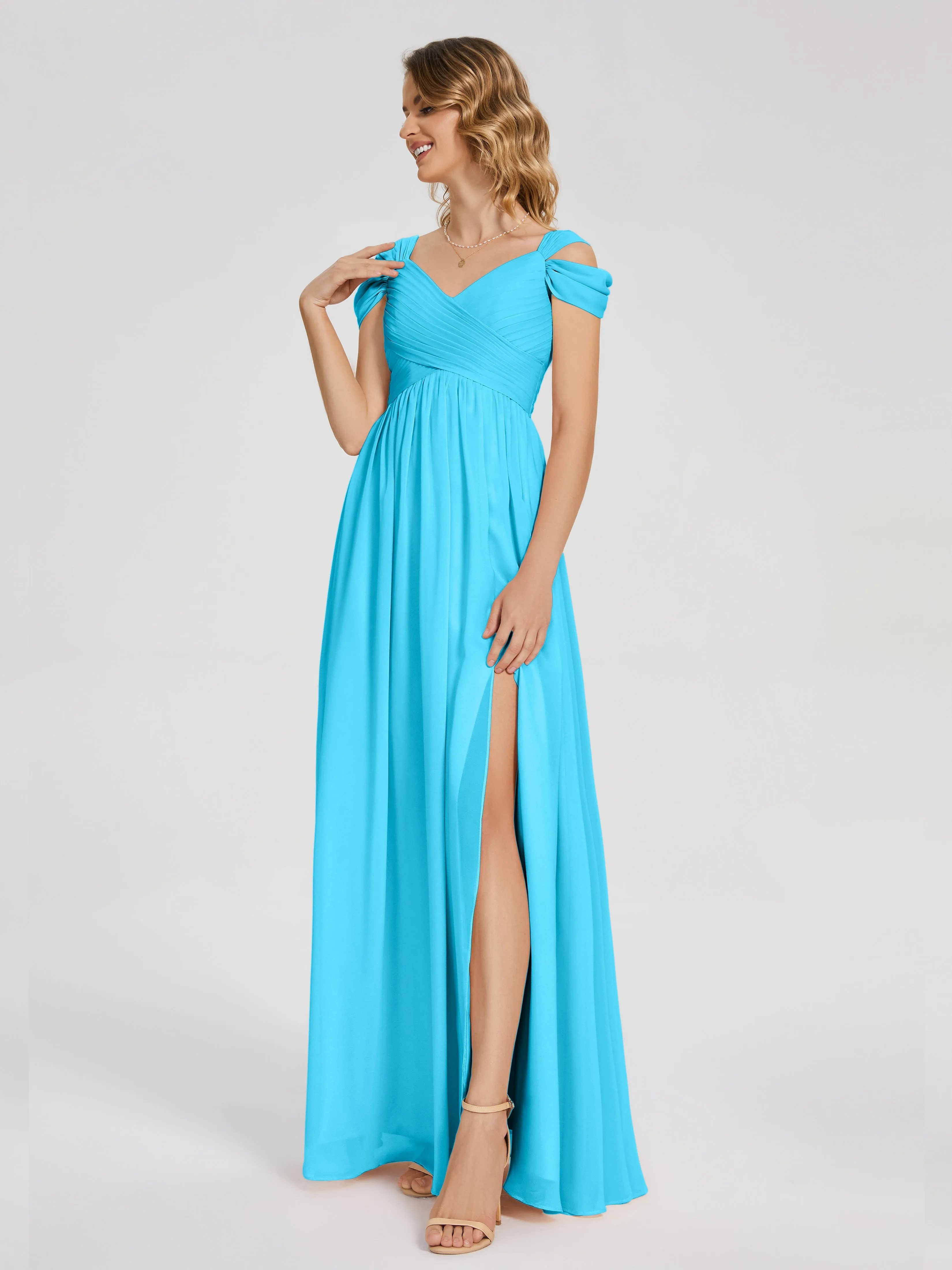 Pool Blue Bridesmaid Dresses Uk Charlee Flowy Split Chiffon Bridesmaid Dresses