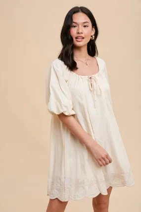 Puff Sleeve Embroidered Cotton Modal Dress Creme