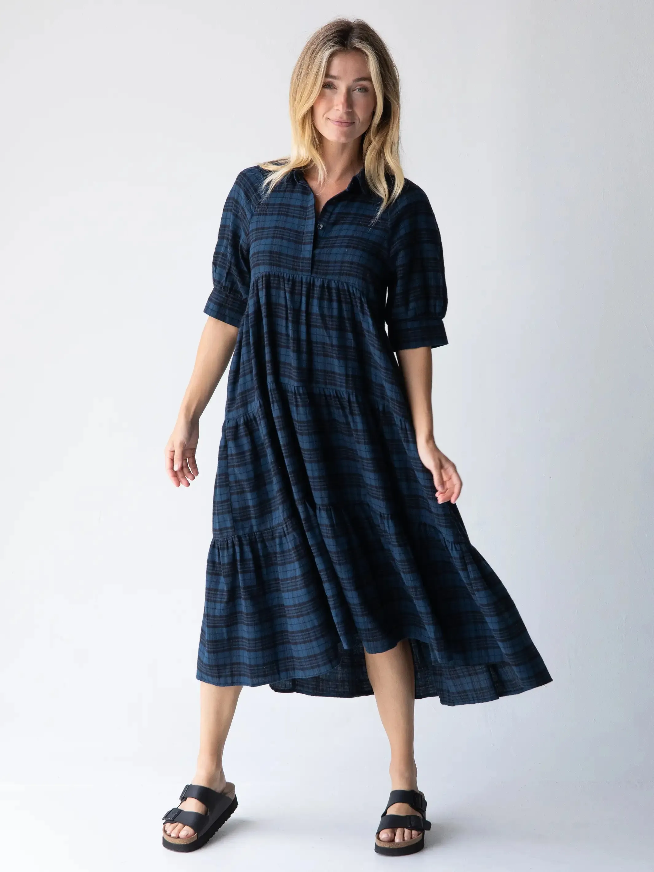 Rebecca Flannel Midi Dress - Blue Black Plaid