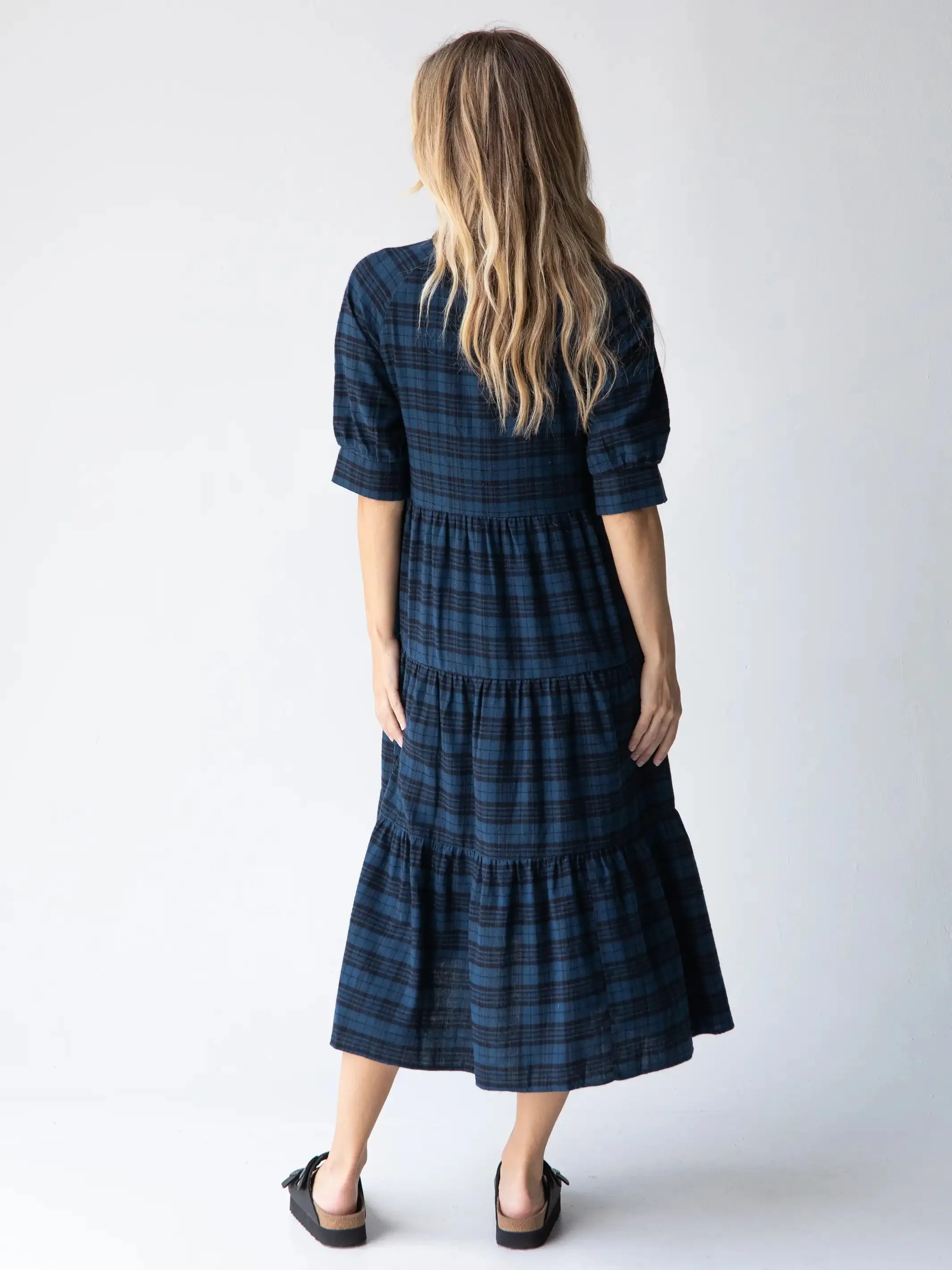 Rebecca Flannel Midi Dress - Blue Black Plaid