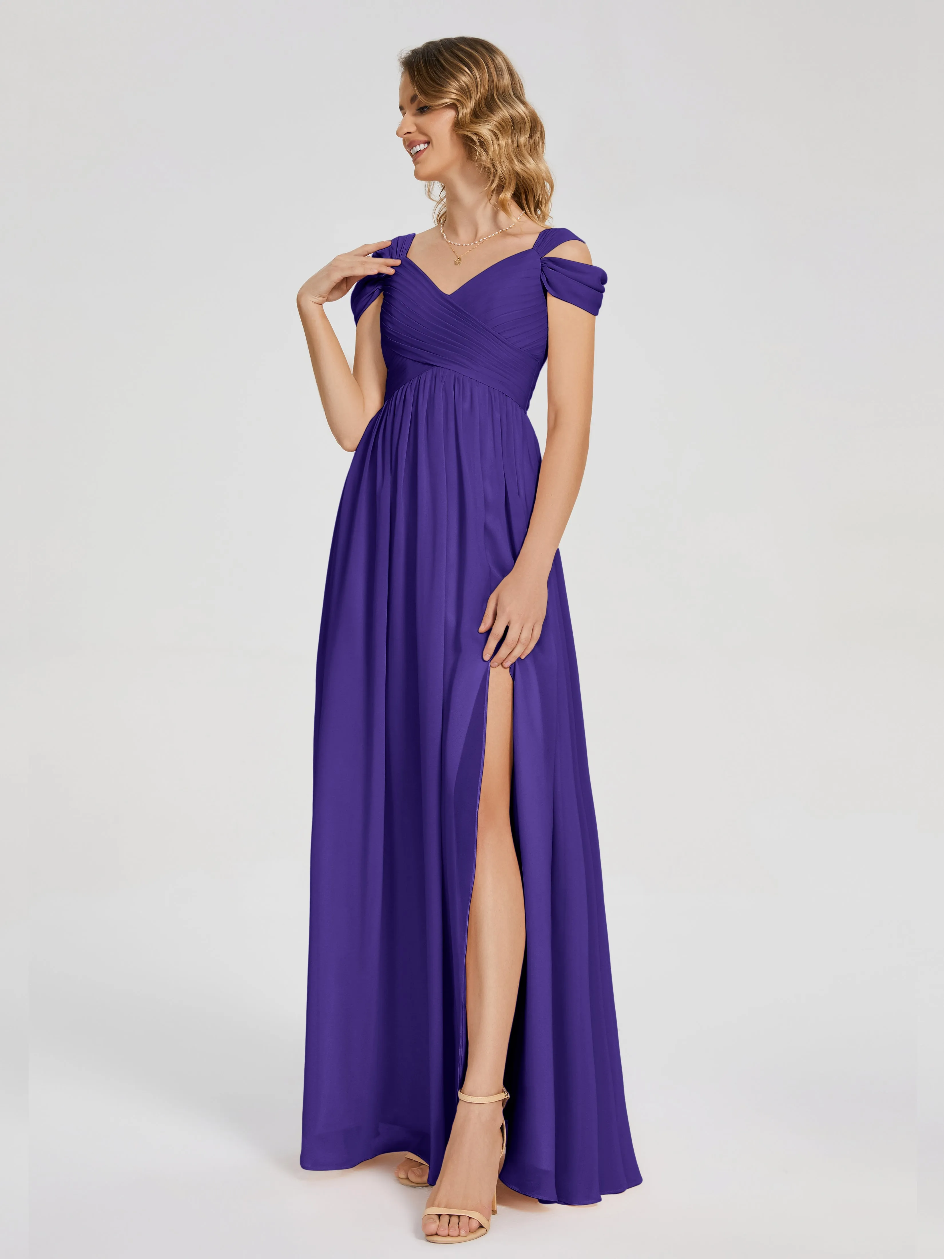 Regency Purple Bridesmaid Dresses Charlee Flowy Split Chiffon Bridesmaid Dresses