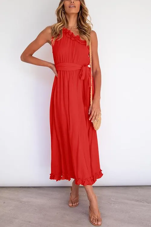 Ruffles One Shoulder Belted Maxi Dress