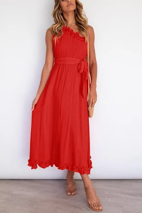 Ruffles One Shoulder Belted Maxi Dress