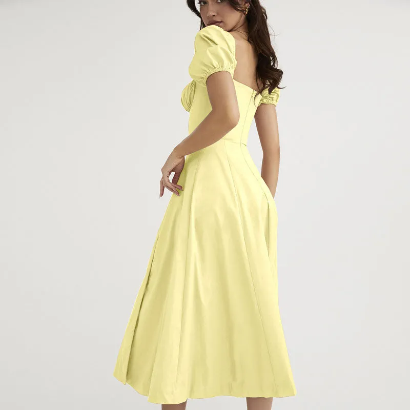 Sexy Puff Sleeve Tie Front High Split Off Shoulder Midi Sundress - Yellow