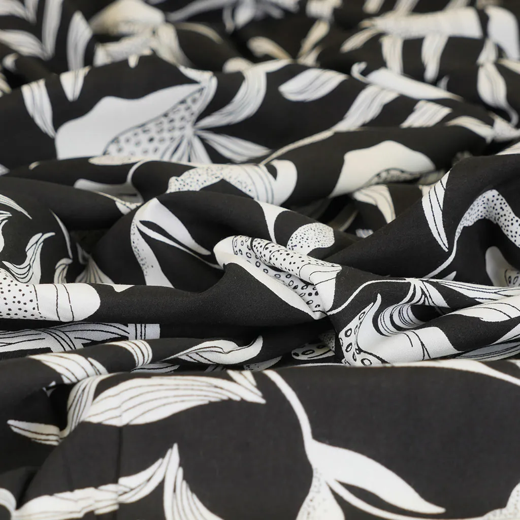 Sierra - Black Leaves Viscose Poplin Woven Fabric Sample