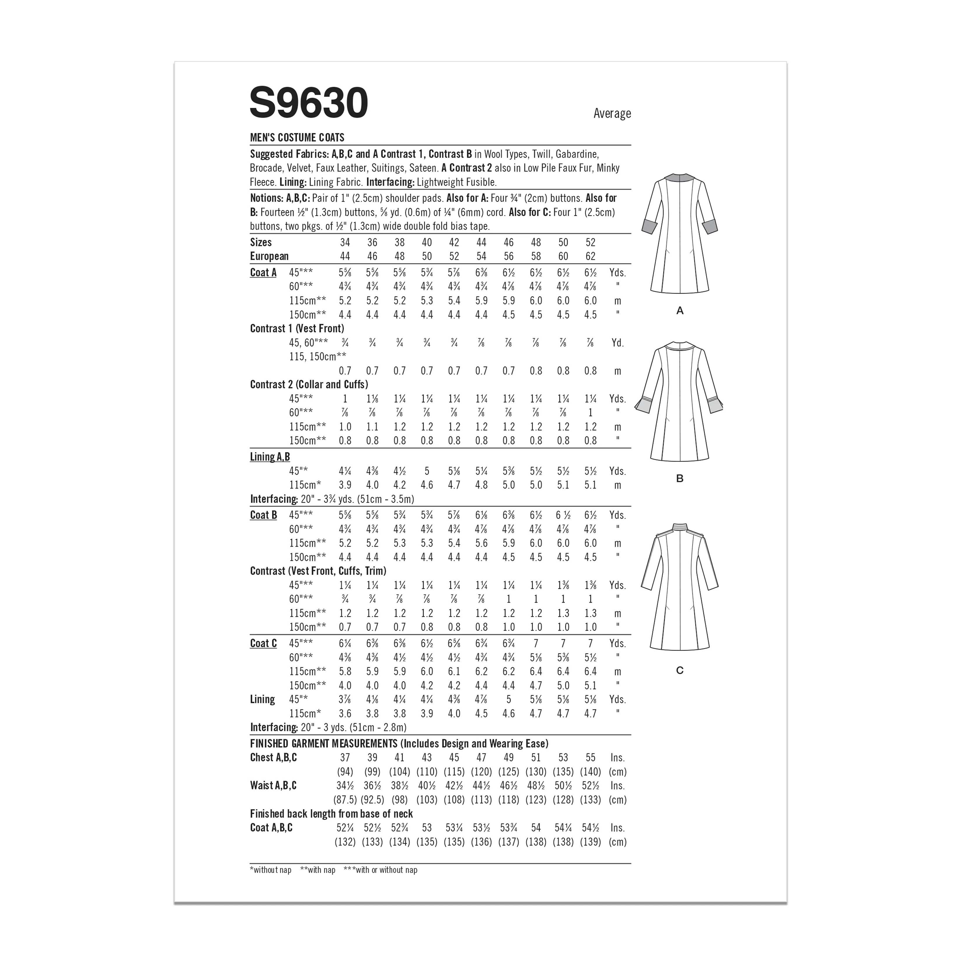 Simplicity Sewing Pattern S9630 MEN'S COSTUME COATS