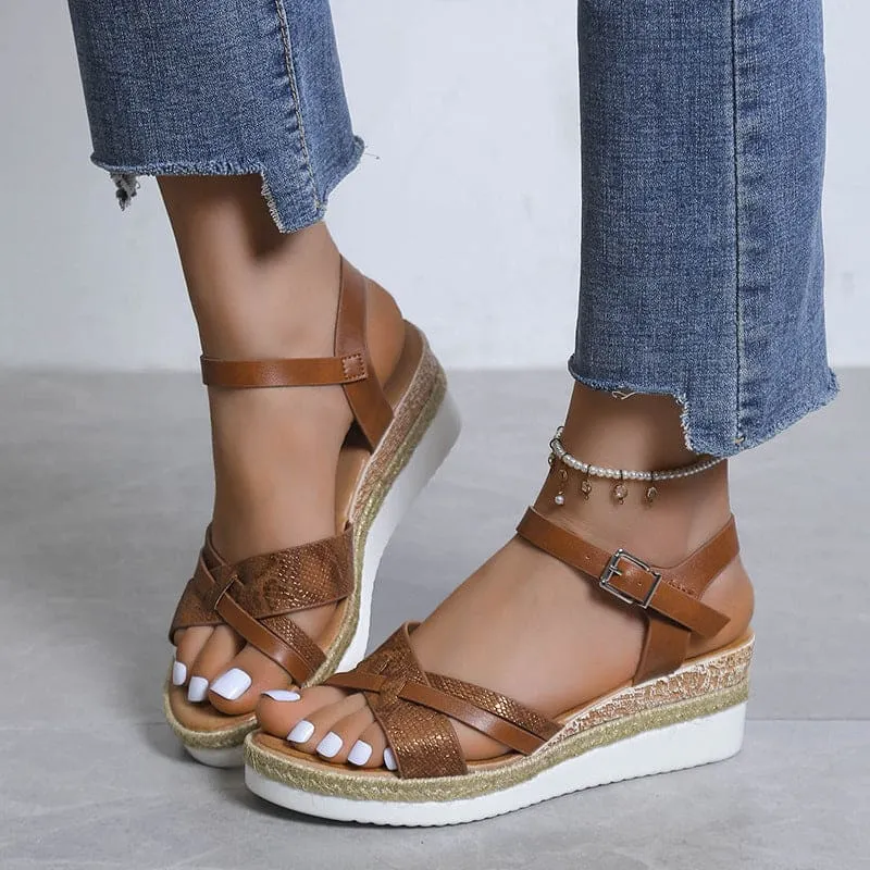 Snakeskin Pattern Espadrille Sole Ankle Strap Wedge PU Leather Sandals