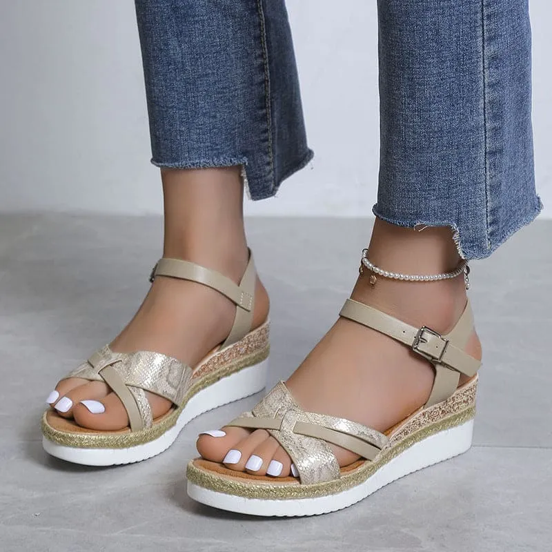 Snakeskin Pattern Espadrille Sole Ankle Strap Wedge PU Leather Sandals