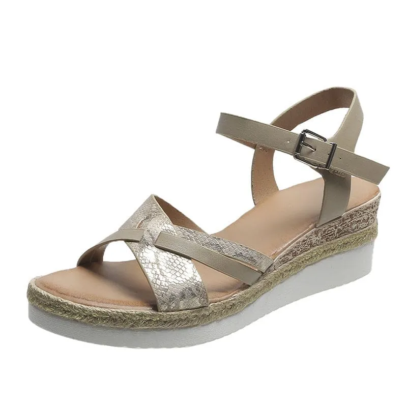 Snakeskin Pattern Espadrille Sole Ankle Strap Wedge PU Leather Sandals