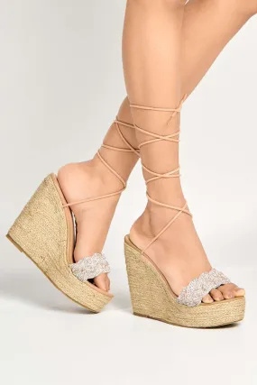 Sommi Espadrille Plaited detail Lace Up Wedge Sandals in Nude