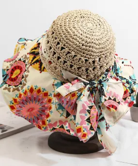 Style Beige Print Patchwork Bow Straw Woven Floppy Sun Hat