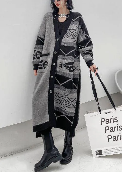 Stylish Grey V Neck Asymmetrical Design Print Knit Lazy Long Coats Long Sleeve