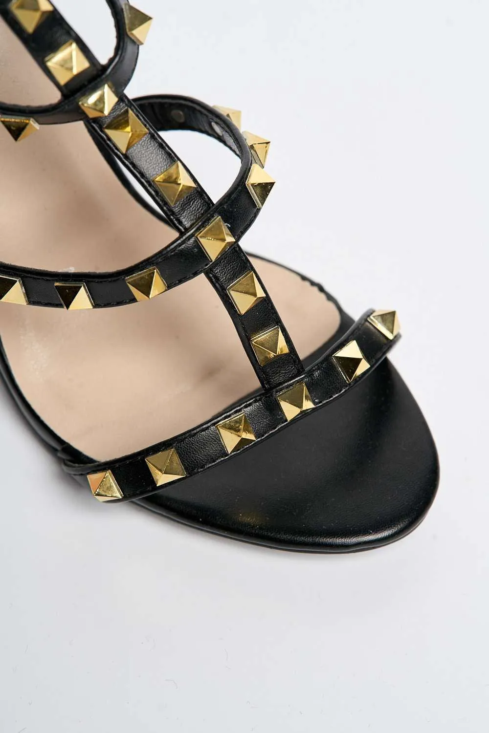 Tessa Studded Strappy High Block Heel Sandal in Black Matt