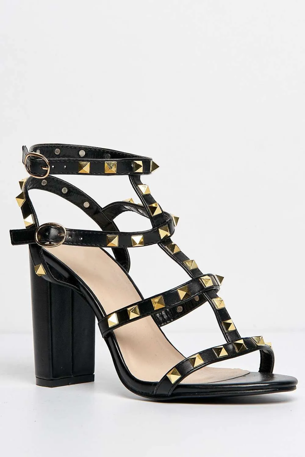 Tessa Studded Strappy High Block Heel Sandal in Black Matt