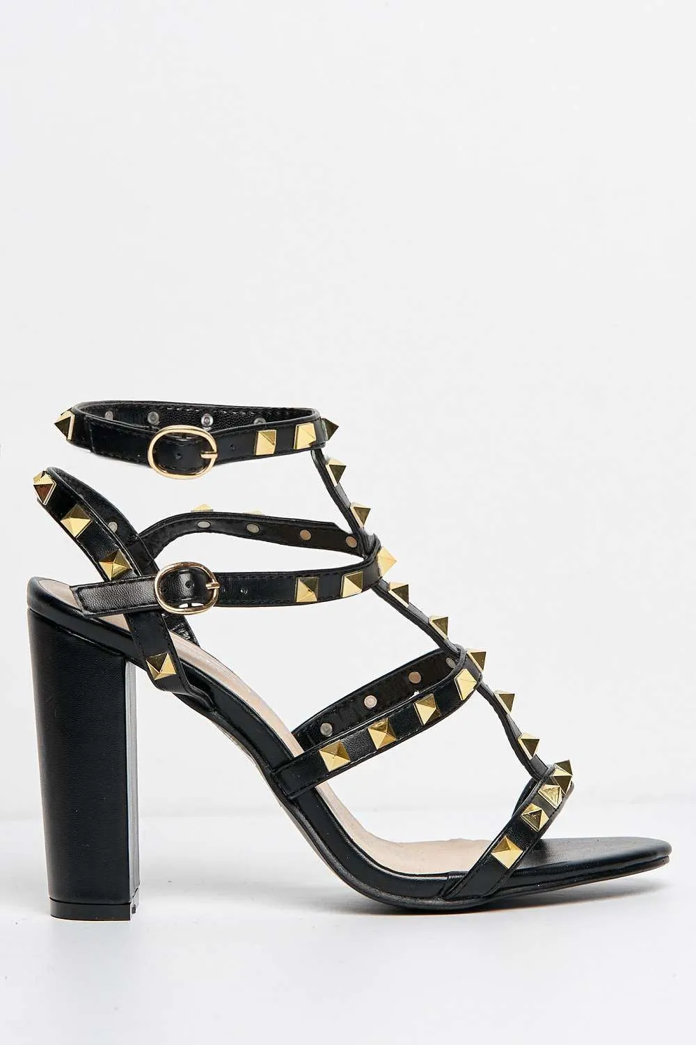 Tessa Studded Strappy High Block Heel Sandal in Black Matt