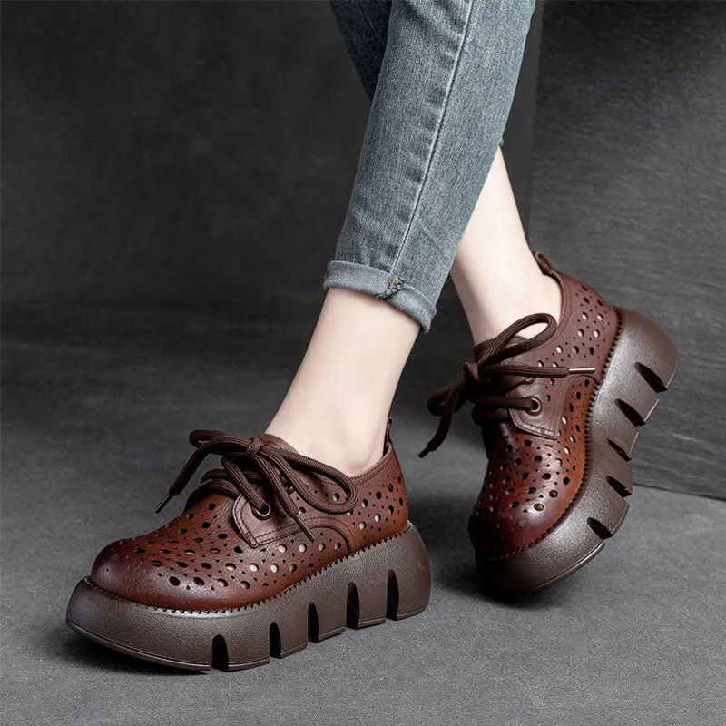 Thick-Soled Women's Retro Hollows Genuine Leather Sandals Shoes