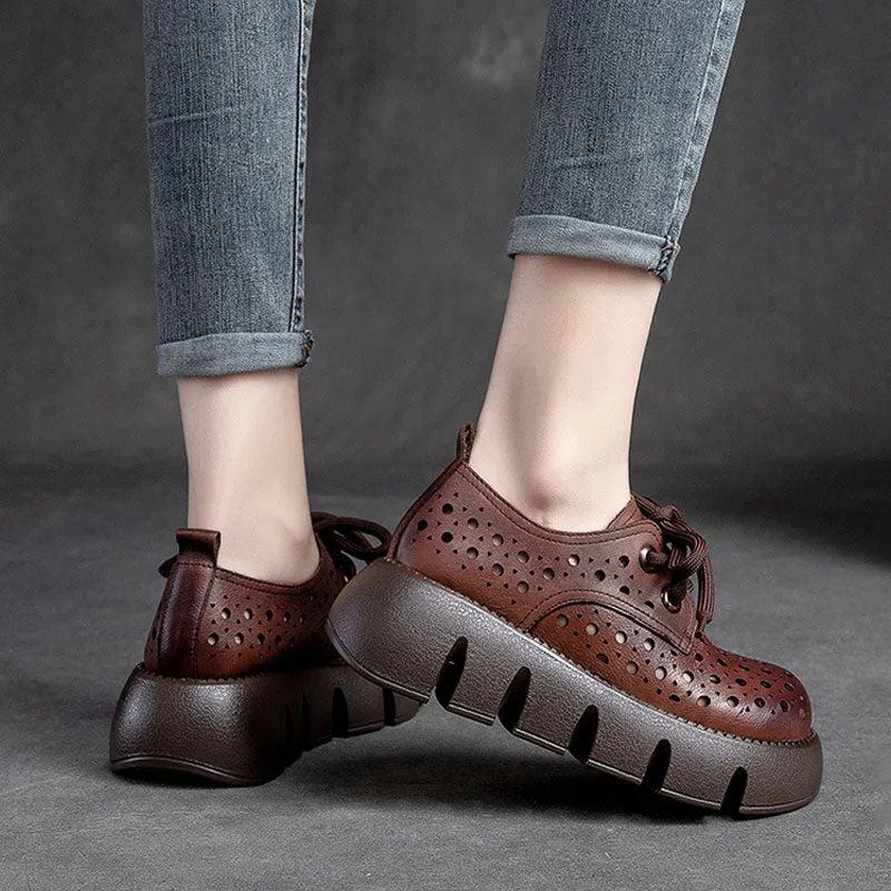 Thick-Soled Women's Retro Hollows Genuine Leather Sandals Shoes