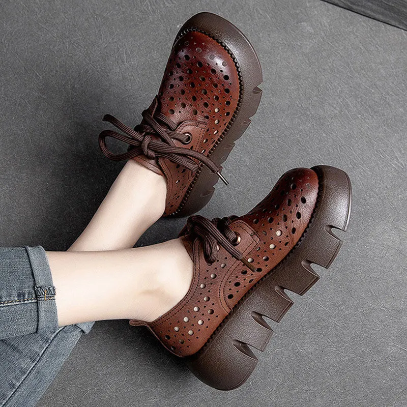 Thick-Soled Women's Retro Hollows Genuine Leather Sandals Shoes