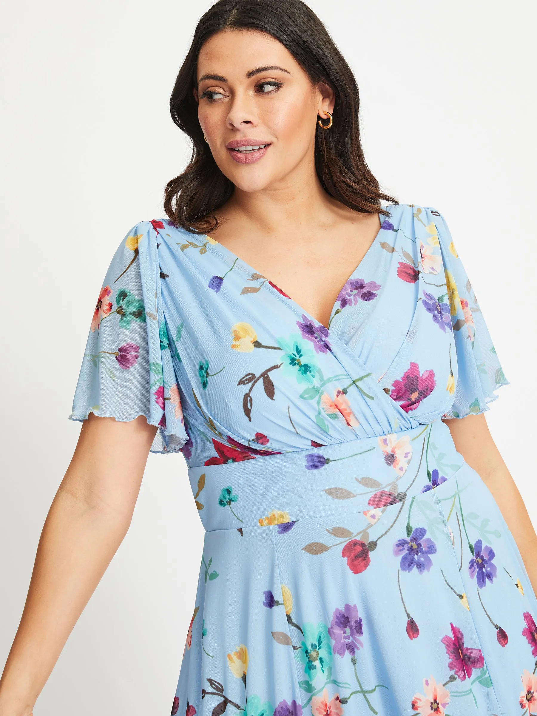 Victoria Blue Green Lilac Angel Sleeve Mesh Midi Dress