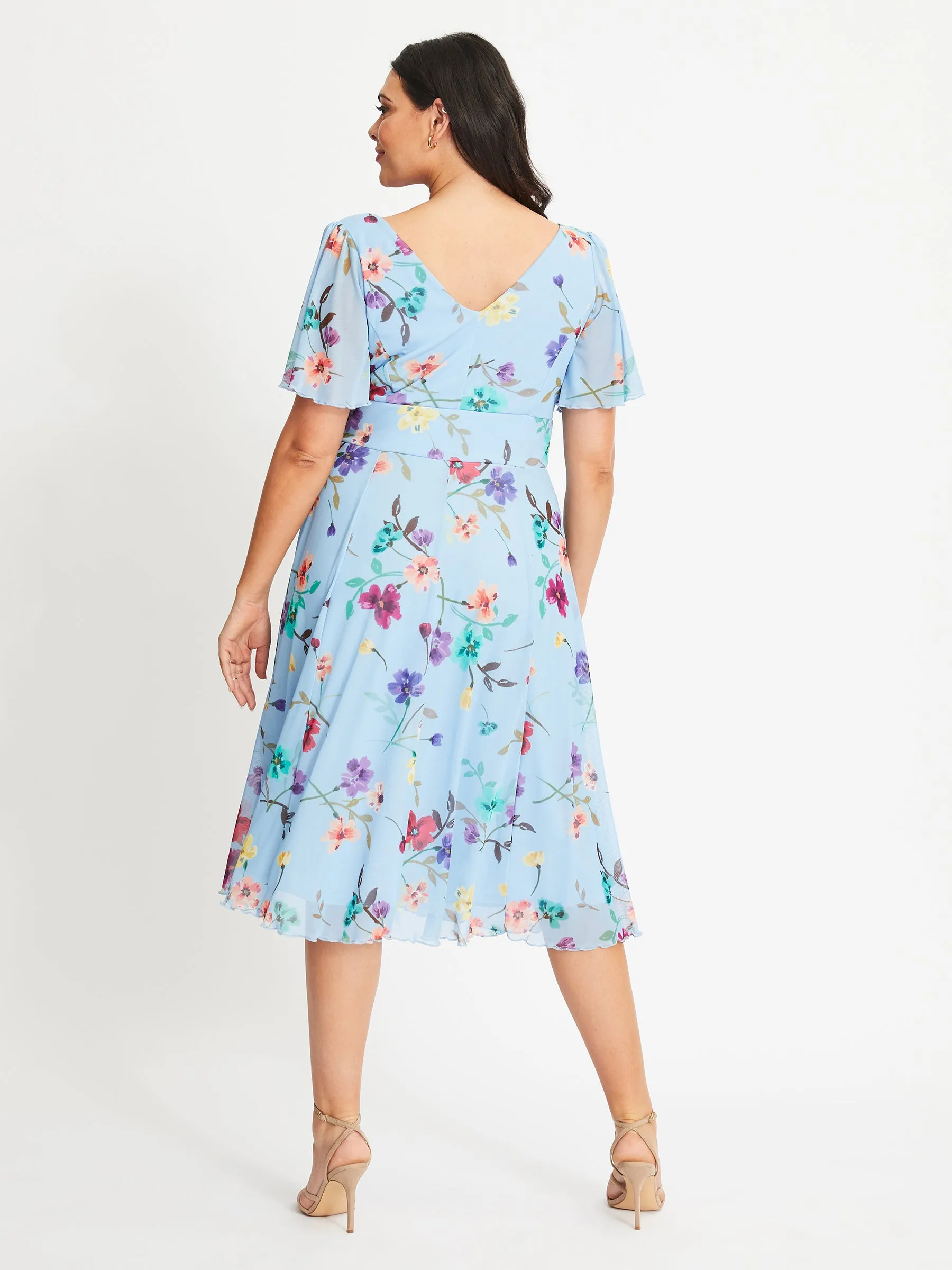 Victoria Blue Green Lilac Angel Sleeve Mesh Midi Dress