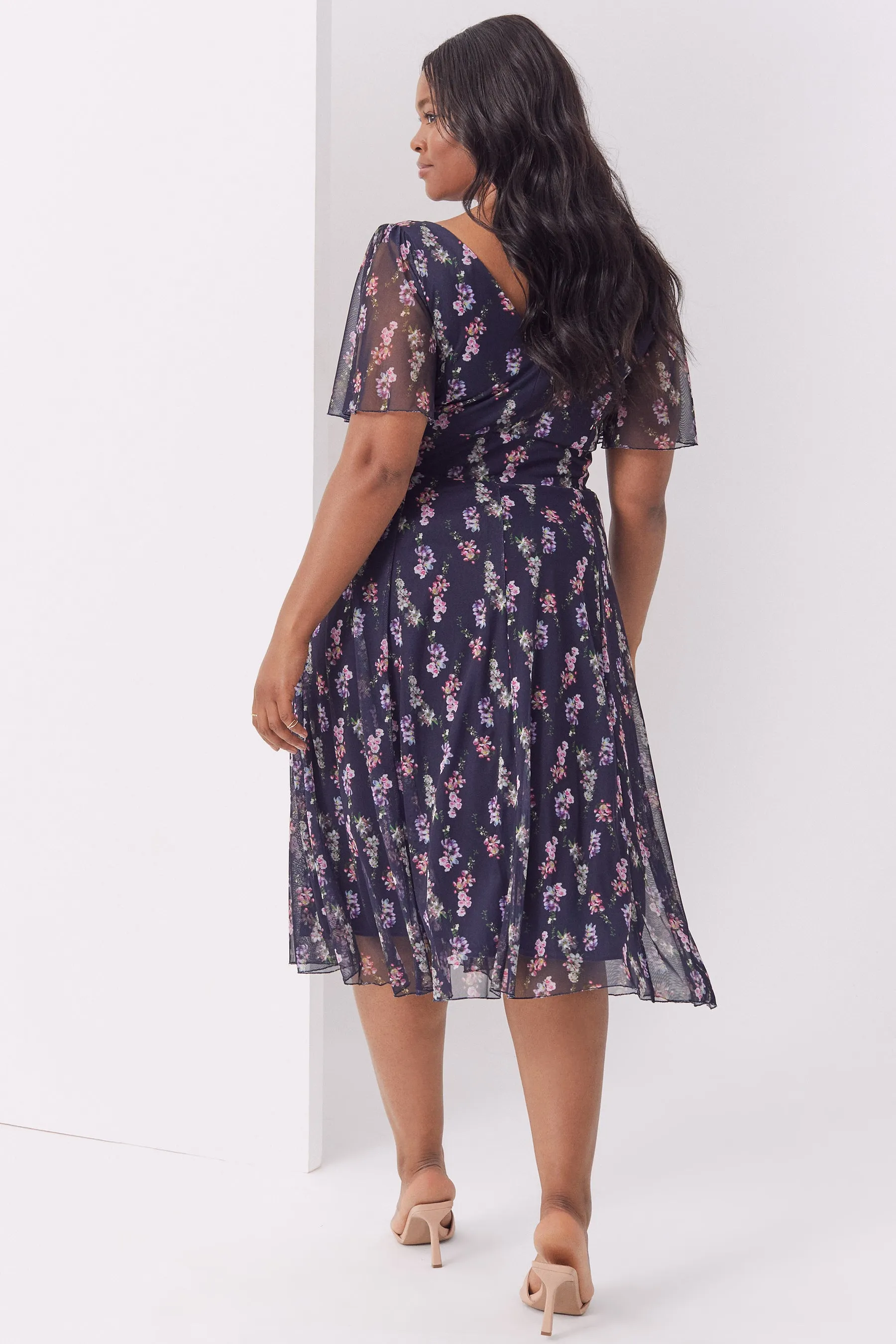 Victoria Navy Pink Angel Sleeve Mesh Midi Dress