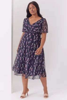 Victoria Navy Pink Angel Sleeve Mesh Midi Dress