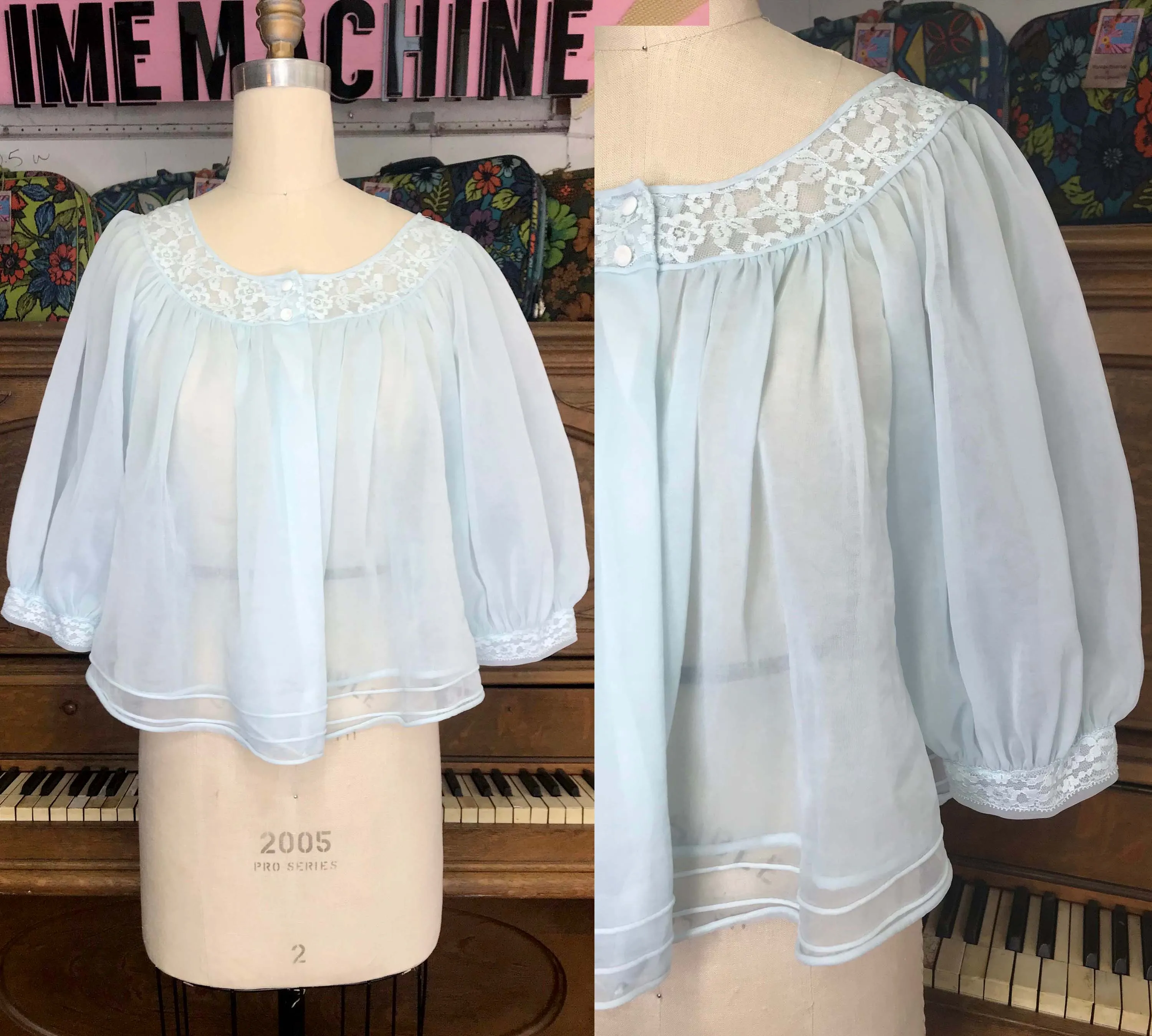 Vintage 50s 60s | Double Layer Chiffon Sheer Blue Babydoll Pegnoir Nighty Robe M