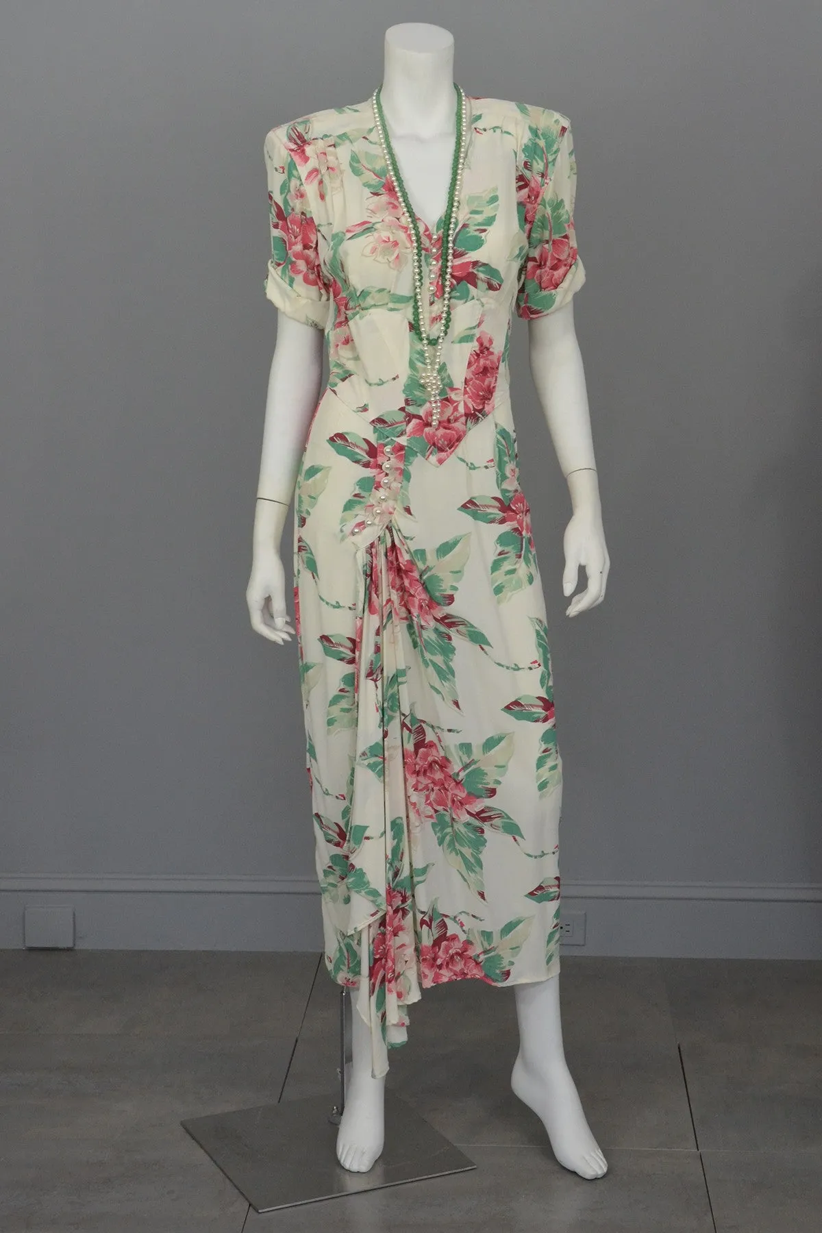 Vintage 80s does 40s Tropical Floral Print Swag Dress by Karen Alexander