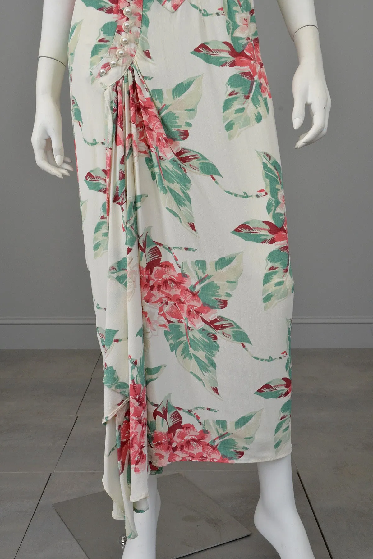 Vintage 80s does 40s Tropical Floral Print Swag Dress by Karen Alexander