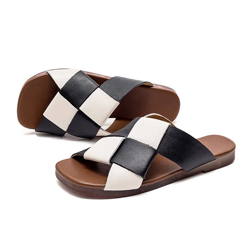 Women's Genuine Leather Flat Bottom Slides Woven Color Matching Sandals