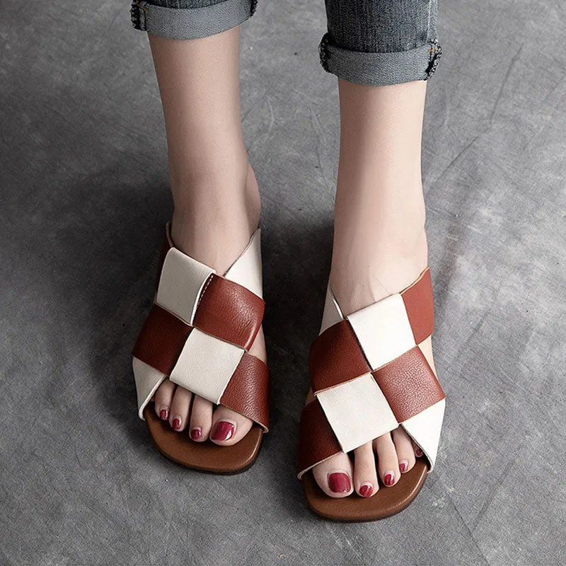 Women's Genuine Leather Flat Bottom Slides Woven Color Matching Sandals