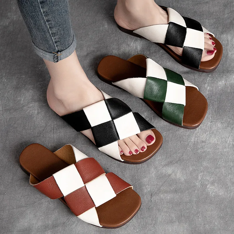 Women's Genuine Leather Flat Bottom Slides Woven Color Matching Sandals