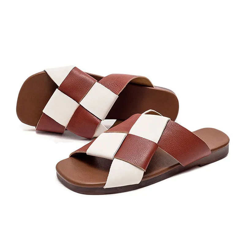 Women's Genuine Leather Flat Bottom Slides Woven Color Matching Sandals