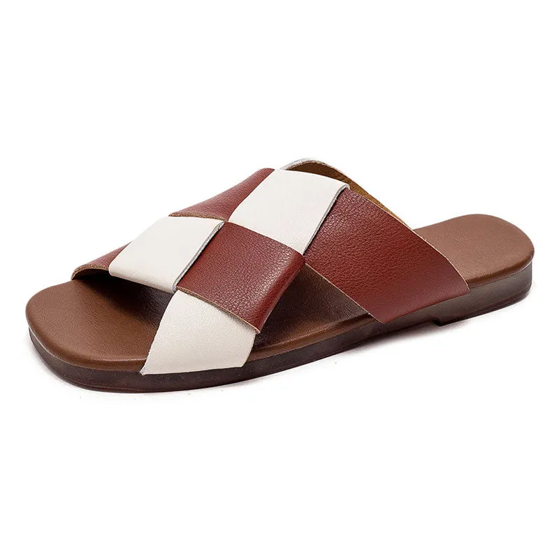 Women's Genuine Leather Flat Bottom Slides Woven Color Matching Sandals